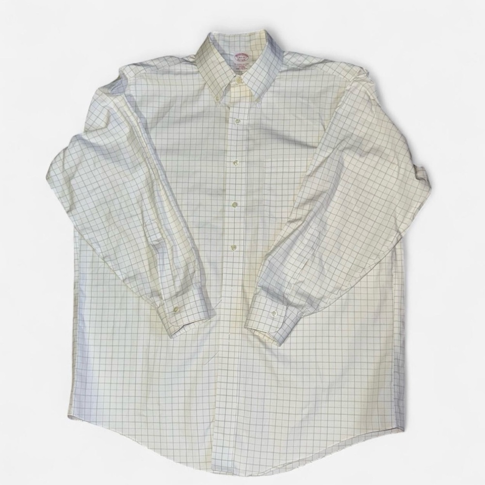 Brooks Brothers white green & brown plaid traditional fit non- iron polo